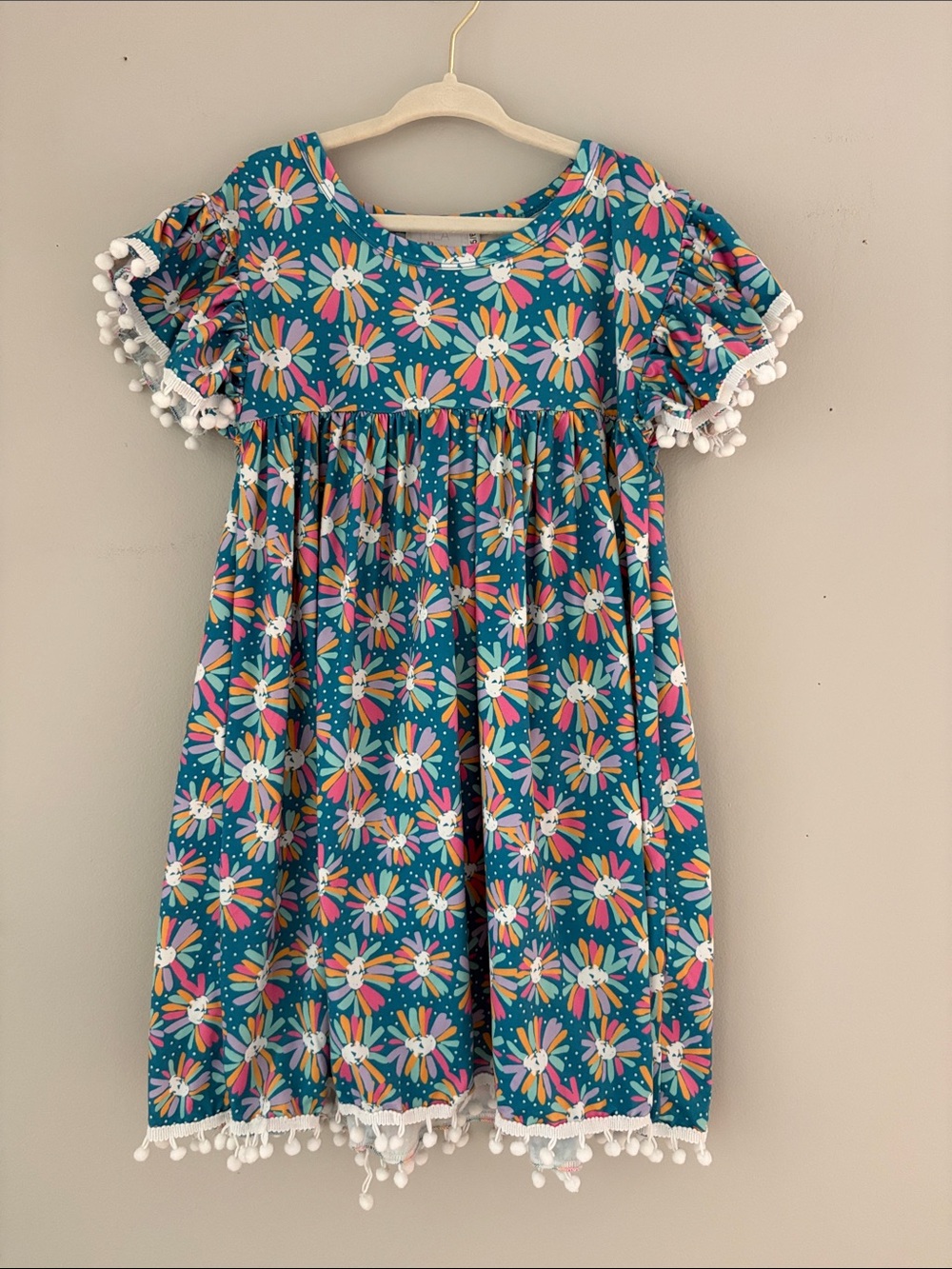 Mila & Rose Teal Floral Pom-Pom Sleeve Dress